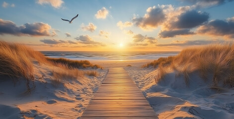 Holzweg zum Strand, Sonnenaufgang in den D&uuml;nen an der Ostsee