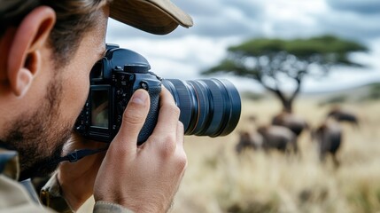 A person is seen photographing wildlife in a grassy savanna, focusing on a group of animals near an Acacia tree under a cloudy sky, embodying adventure and persistence.