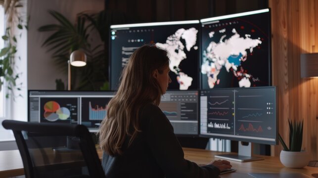 A data analyst navigates complex information across multiple displays, immersed in a digital world that bridges technology and geographical insights.
