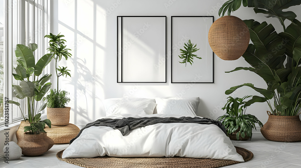 Sticker Cozy bedroom with plants and natural light for relaxation.