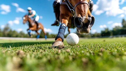 A dynamic image of a polo field scene showing the powerful motion of a horse and ball in mid-play, emphasizing coordination, speed, and competitive spirit.