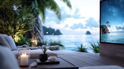 Fototapeta premium A relaxing beachside deck features plush seating and candles, framed by palm trees and a breathtaking ocean view, under a partly cloudy yet starlit sky. Peaceful paradise.