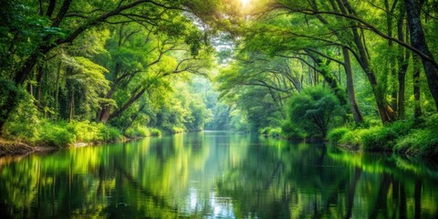 Obraz premium A serene waterway cutting through a lush forest , river, stream, creek, flow, nature, landscape, scenic, tranquil, peaceful
