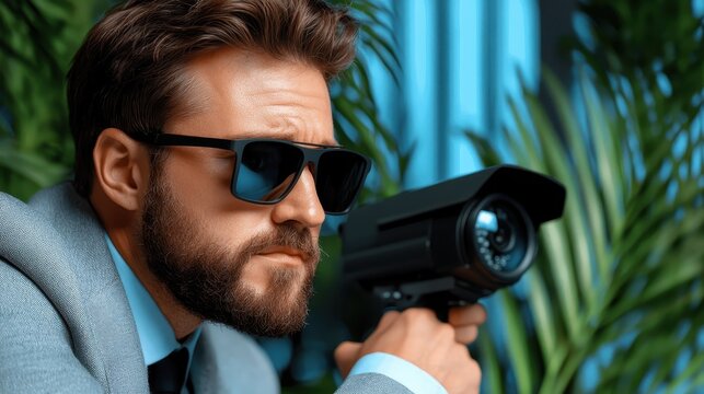 A man dressed sharply in sunglasses holds a surveillance camera in a lush environment, symbolizing observation and modern vigilance with a confident expression.