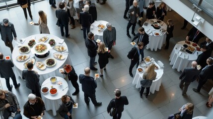 An aerial view of a busy networking event captures attendees mingling around tables laden with food, embodying a social, professional ambiance.