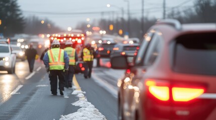 Obraz premium A highway engulfed in a snowstorm, slowing down traffic, with emergency responders attending the scene, illustrating winter hazards and prompt action.