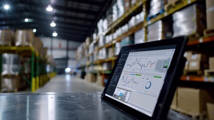 In a warehouse, a tablet displays graphs and analytics, highlighting the integration of technology in inventory management systems.