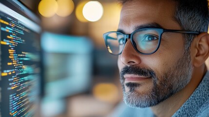 A man with short hair and glasses closely examines lines of code on a monitor, representing focus and technological proficiency in programming.
