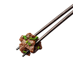 Delicious beef slice with green onions held by chopsticks on white background., Transparent PNG