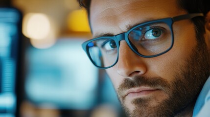 A close-up of a serious man with glasses staring at his computer screen filled with code, symbolizing dedication and expertise in the software industry.