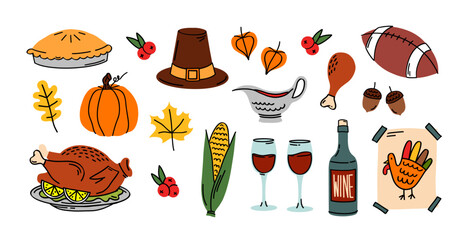 Happy thanksgiving day elements. Vector Hand drawn Thanksgiving big set. Doodle traditional food, pumpkin, pie, turkey, wine, corn, cranberry sauce and american football ball, pilgrim hat, leaves