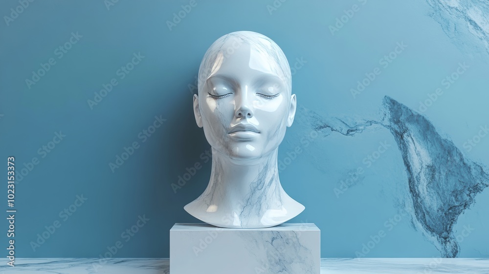 Canvas Prints A white head statue sits on a marble pedestal