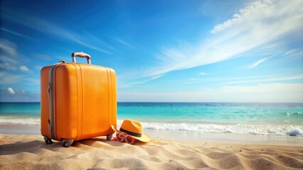 Orange suitcase with beach accessories on sand, sea and sky background. summer travel concept. rendering, Orange, suitcase