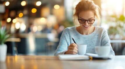 A smiling woman writes in a notebook at a cafe, enjoying a warm and lively atmosphere with a cup of coffee, embodying joy and inspiration in an urban setting.
