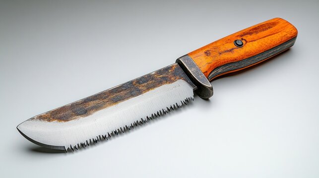 A rustic knife with a serrated edge and an orange handle, designed for cutting tasks.