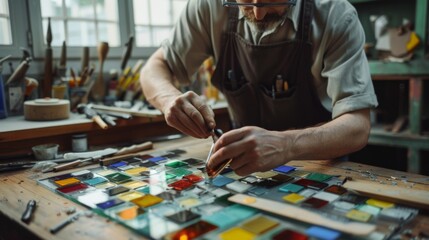Craftsman skillfully cutting vibrant stained glass pieces on a cluttered workbench in a sunlit studio.