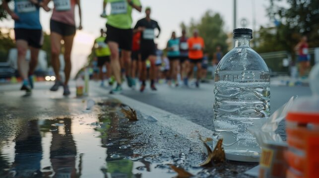 A discarded water bottle lies amid marathon runners, highlighting the energy and chaos of a race, with urban life as its backdrop. - Powered by Adobe