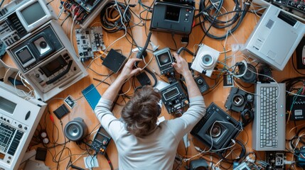 A person works amidst scattered vintage electronics, absorbed in a meticulous task with concentration and technical engagement.