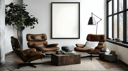 Cozy modern living room with leather chairs and a blank frame.