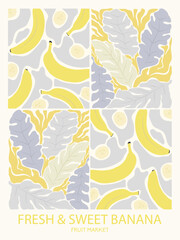 Groovy abstract poster with banana fruits and leaves - aesthetic fruit market design for wall prints. Vector illustration.