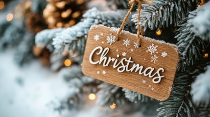 Wooden Christmas sign decorated with snowflakes hanging on a snow-covered evergreen tree branch with blurred lights in the background