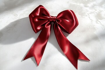 Satin red bow on textured white surface