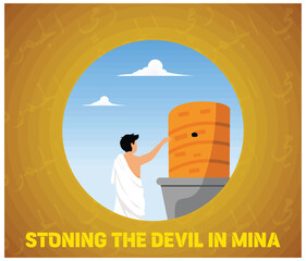 Man stoning the devil in mina. Hajj and umrah landing page template for travel service business website and mobile web. Flat vector modern illustration