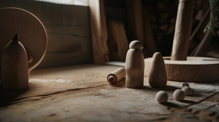 Sunlit wooden figures stand thoughtfully in a serene, rustic workshop, exuding warmth and craftsmanship.
