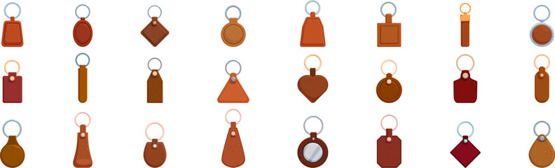Leather keychain icons set. Different styles of keychains featuring a variety of shapes, perfect for showcasing personalized accessories © nsit0108