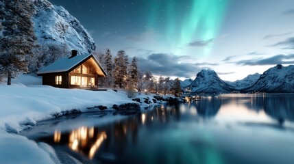 Fototapeta premium A tranquil, well-lit cabin reflects on a calm lake bordered with snow, while the sky is illuminated with the mystic colors of the aurora borealis and rugged peaks beyond.