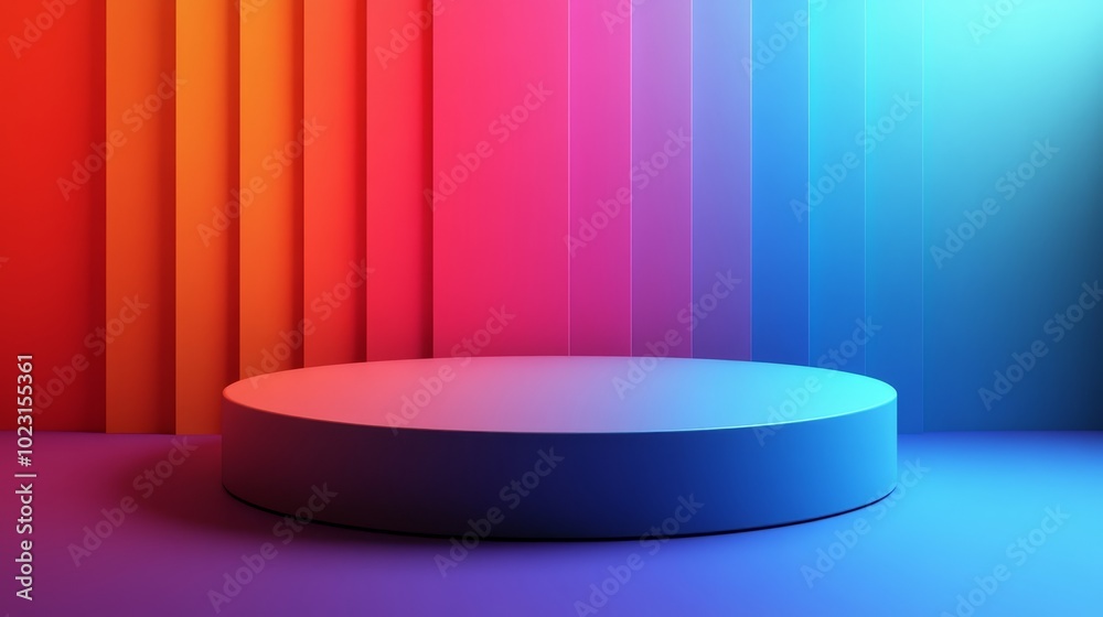 Canvas Prints A large, round, blue podium with colorful stripes on the wall