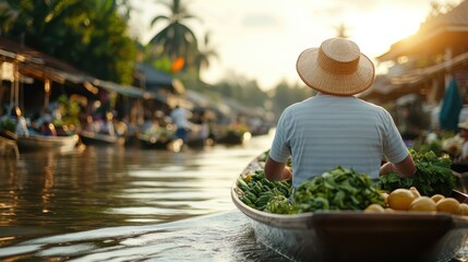 A vendor steers a boat laden with fresh greens through a floating market at sunset, bathed in warm light and surrounded by the hustle and bustle of traditional trade.