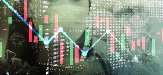 Doctor using vaccine World economic crisis by coronavirus epidemic pandemic impact affecting world financial economy, stock market sinks fluctuate loss downfall from covid-19 outbreak, double exposure