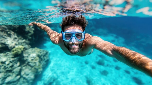 A man wearing snorkeling goggles swims underwater in clear turquoise tropical waters, surrounded by a vibrant coral reef, capturing a moment of adventure.