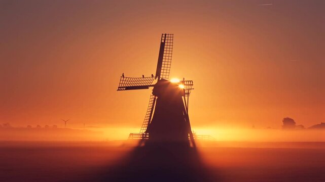 High quality 4K film of traditional Dutch Holland wind mill, windmill and wind turbine at orange dawn sunrise in fog with bird on wing blade of mill