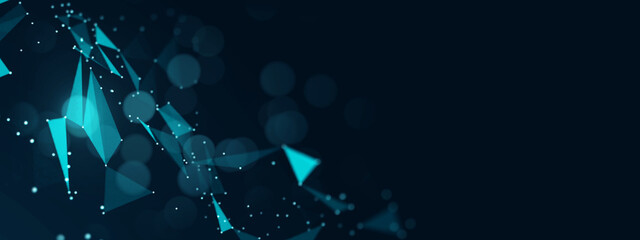 Digital abstract plexus technology blue background banner copyspace, graphics vector polygon line networks and dots shape connecting link structure, futuristic tech data computer concept.