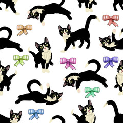 Pattern with cats on a white background.Seamless vector pattern with cats and colored bows on a white background.