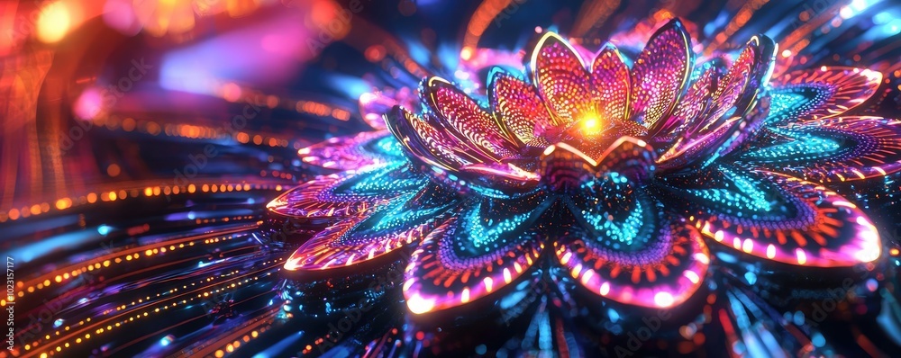 Poster A vibrant and intricate digital flower design illuminated with colorful light patterns, showcasing beauty and creativity.