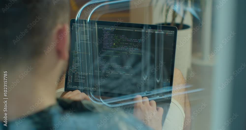 Wall mural close up man coding html and programming on screen monitors, development web, developer.