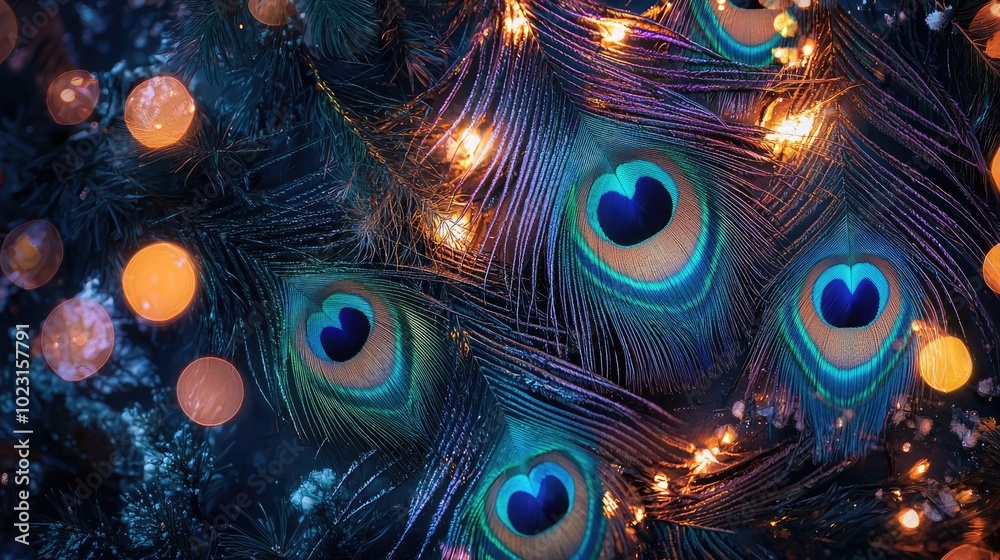 Poster a vivid close-up of peacock feathers illuminated by glowing lights, creating a serene and magical am