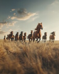 Obraz premium Herd of Galloping Wild Horses Crossing Vast Open Plain Manes Flowing in the Wind Symbolizing Freedom and Untamed Spirit