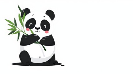 Cute Cartoon Panda Holding Bamboo Shoot with Shy Expression