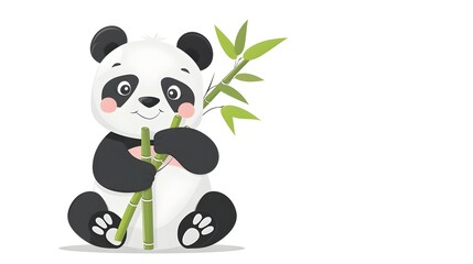 Cute Cartoon Panda Holding Bamboo Shoot with Shy Expression