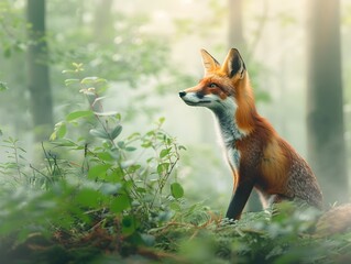 Fototapeta premium Curious Fox Exploring Misty Forest at Dawn with Vibrant Orange Fur
