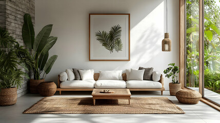 Modern living room with natural decor and greenery.