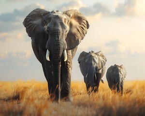Obraz premium Majestic Family of Elephants Roaming the Serene Savannah Landscape