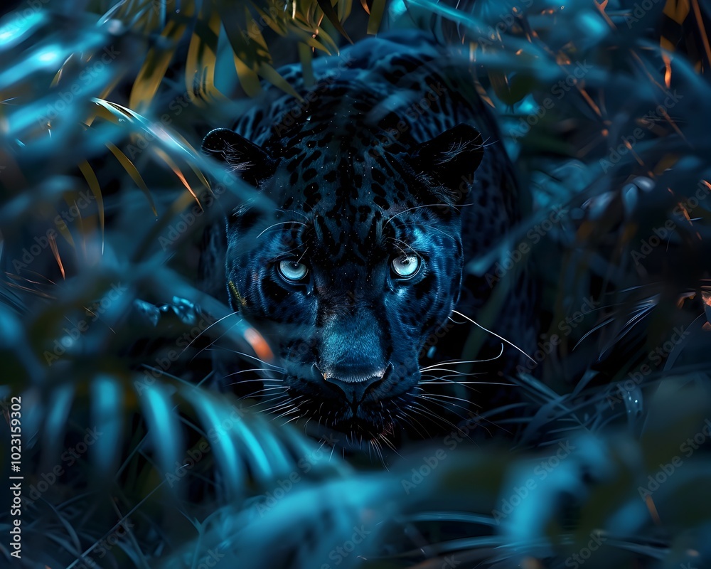 Canvas Prints A Sleek Black Panther Prowls Through the Dense Jungle at Night Its Glowing Eyes Filled with Intensity and Stealth