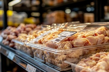 Packaged chicken in a grocery store display.