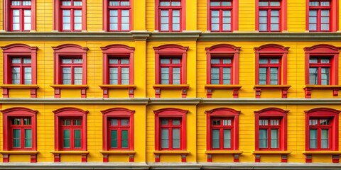 Naklejka premium Yellow windows with red accents on a building, creating a vibrant and visually captivating contrast , architecture