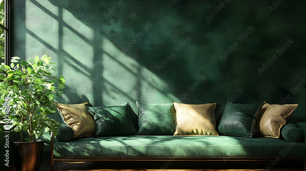 Poster Cozy green sofa with decorative pillows against a textured wall.